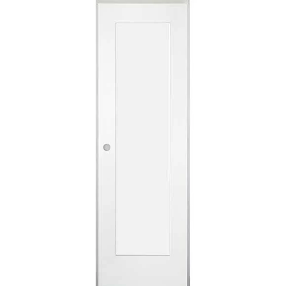 24 in. x 80 in. 1-Panel Shaker Solid Core Primed White MDF Prehung Interior Door with Black Hinges