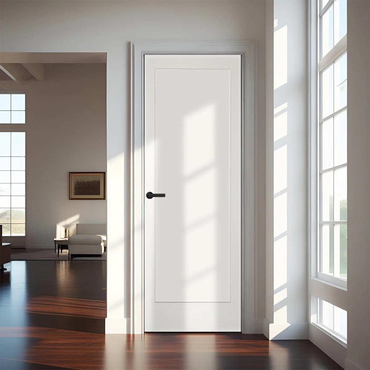 24 in. x 80 in. 1-Panel Shaker Solid Core Primed White MDF Prehung Interior Door with Black Hinges - Image 2
