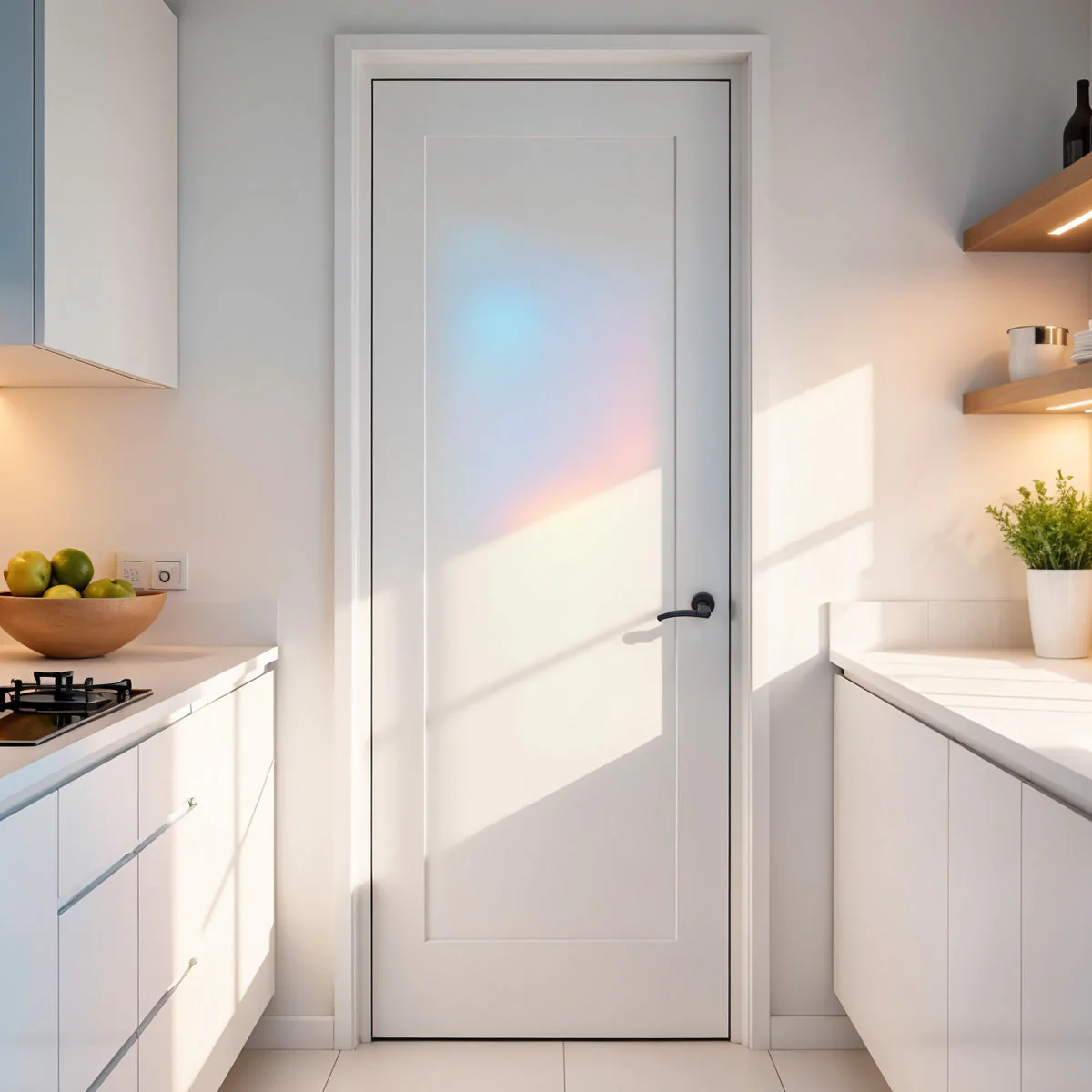 24 in. x 80 in. 1-Panel Shaker Solid Core Primed White MDF Prehung Interior Door with Black Hinges - Image 4