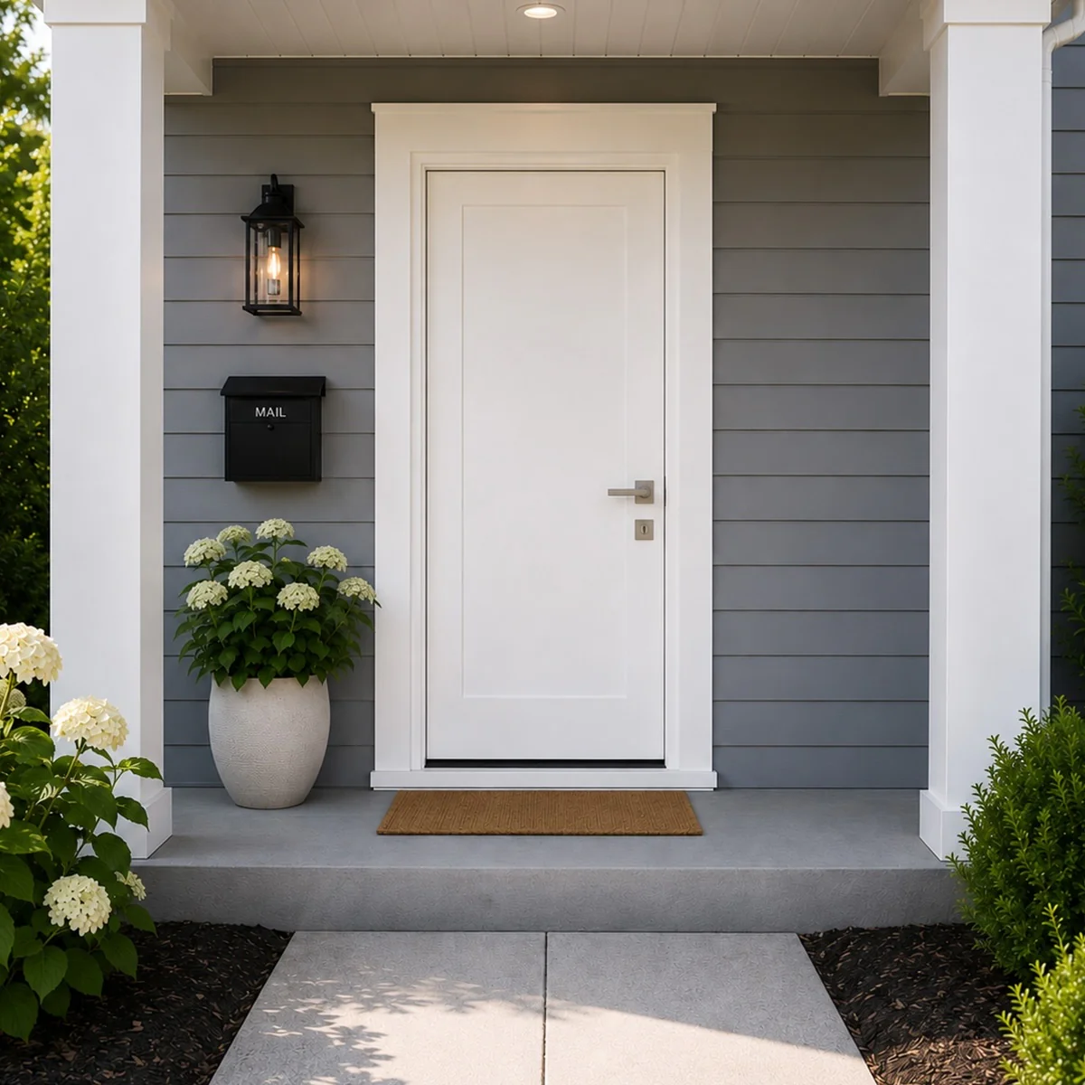 36 in. x 80 in. Fire Rated 1 Panel Shaker Unfinished White Prehung Fiberglass Exterior Door with Brickmold - Image 5