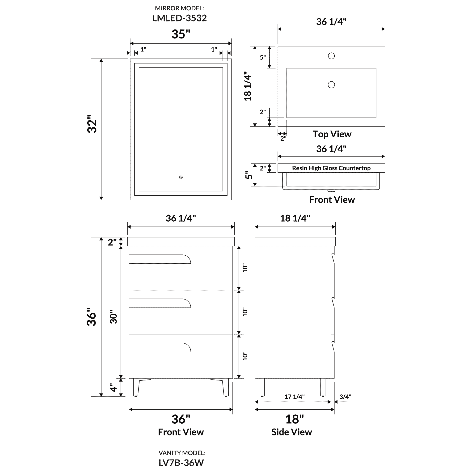 36" Freestanding Single Sink Bathroom Vanity in Gray Gloss with Square Counter Top LV7B-36G - Image 3