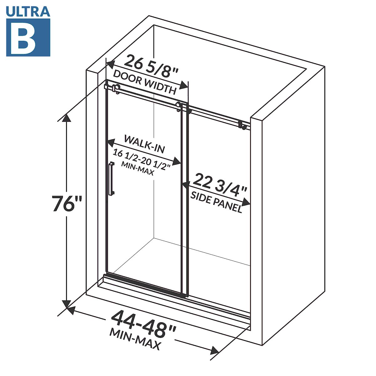 44-48 W x 76 H Sliding Shower Semi-Frameless Door ULTRA-B with Clear Glass in Matte Black - Image 3