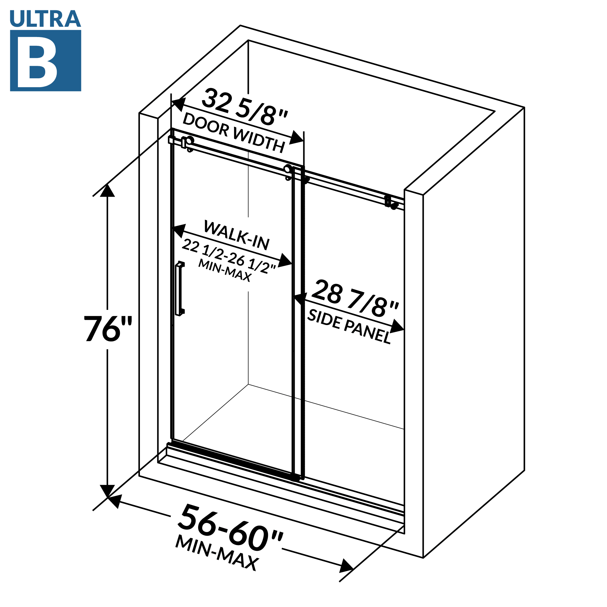 56-60 W x 76 H Sliding Shower Semi-Frameless Door ULTRA-B with Clear Glass in Matte Black - Image 3