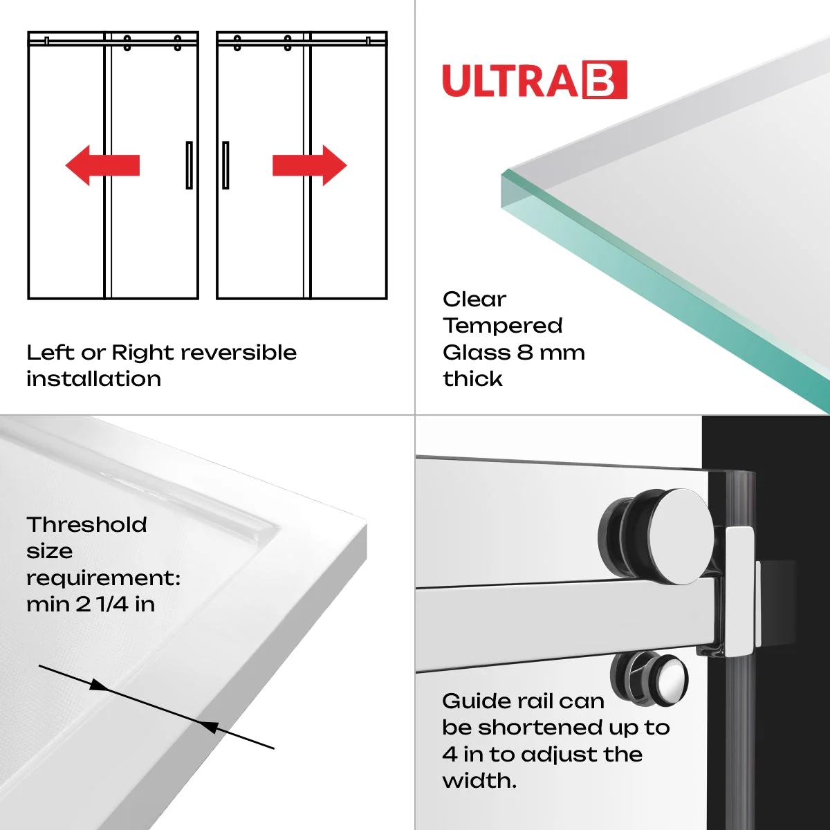 56-60 W x 76 H Sliding Shower Semi-Frameless Door ULTRA-B with Clear Glass in Matte Black - Image 4
