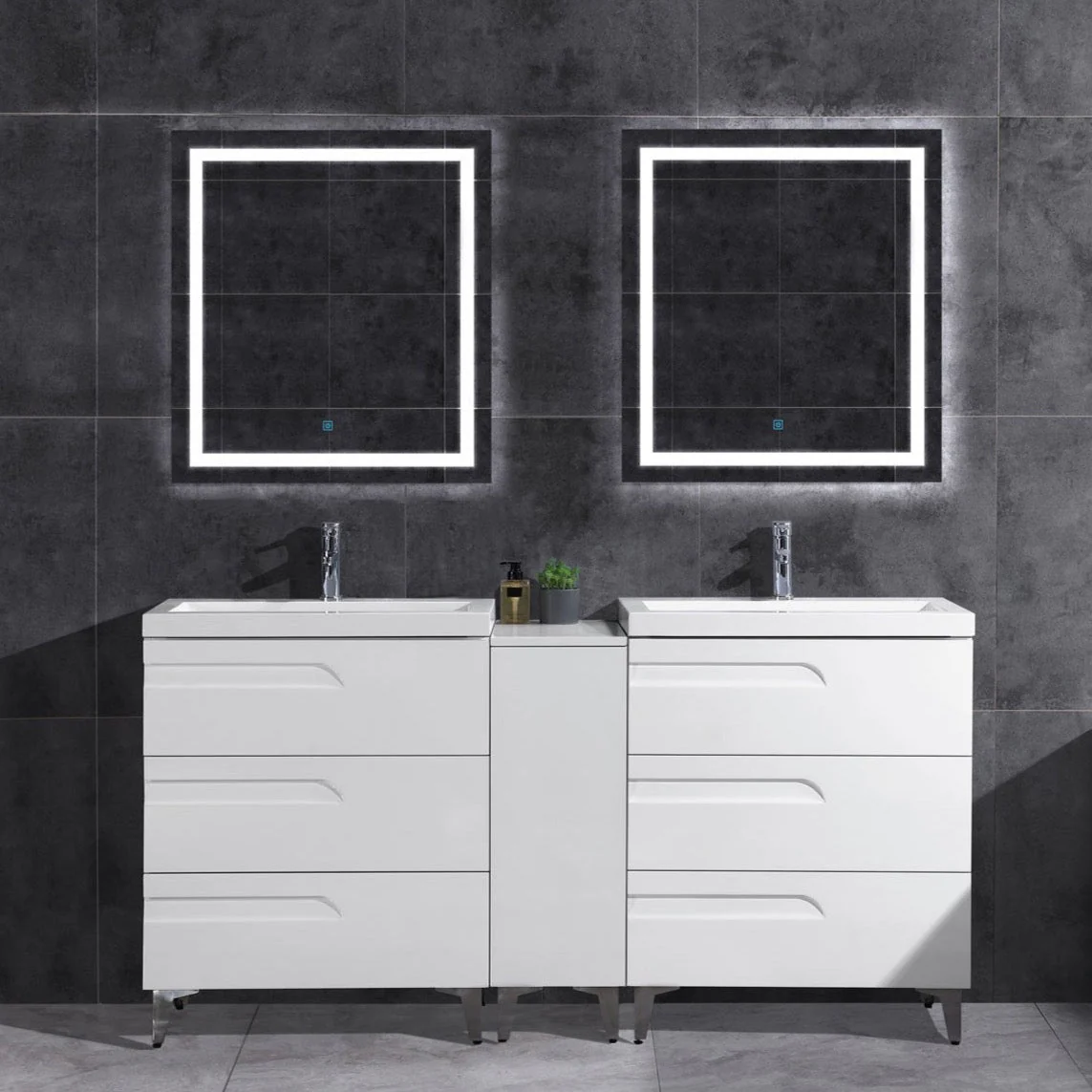 60" Freestanding Vanity Set in White Gloss with Two Square Sinks (LV7-C13B-60W) Style 7