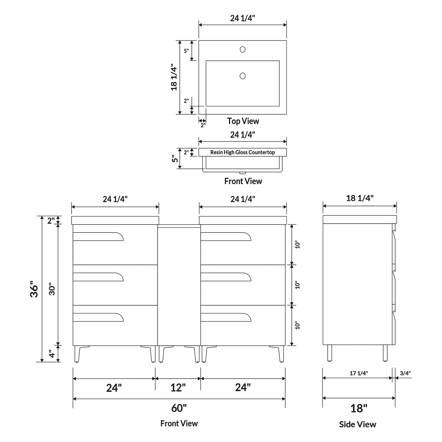 60" Freestanding Vanity Set in White Gloss with Two Square Sinks (LV7-C13B-60W) Style 7 - Image 3