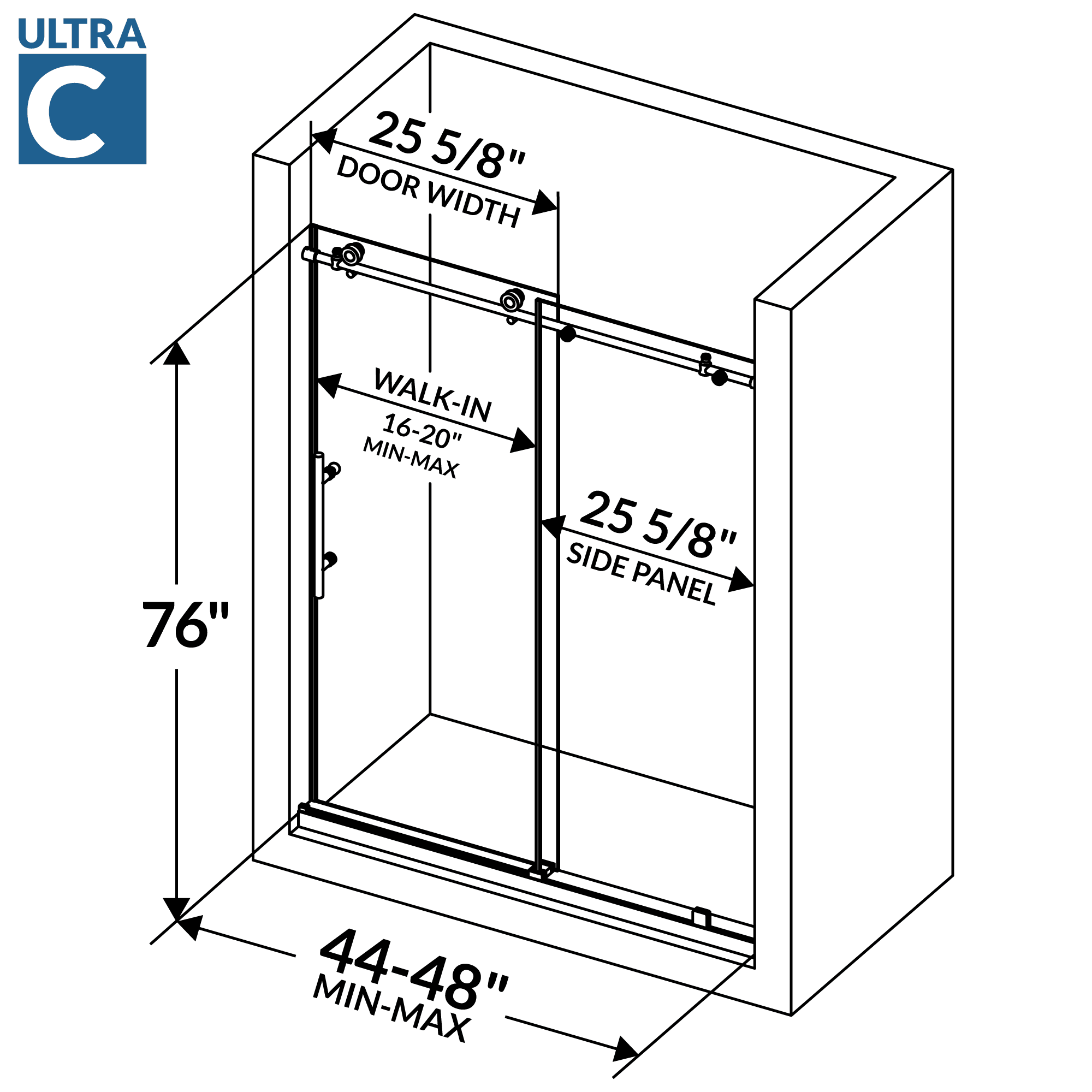44-48 W x 76 H Sliding Frameless Shower Door ULTRA-C with Clear Glass in Brushed Nickel - Image 4