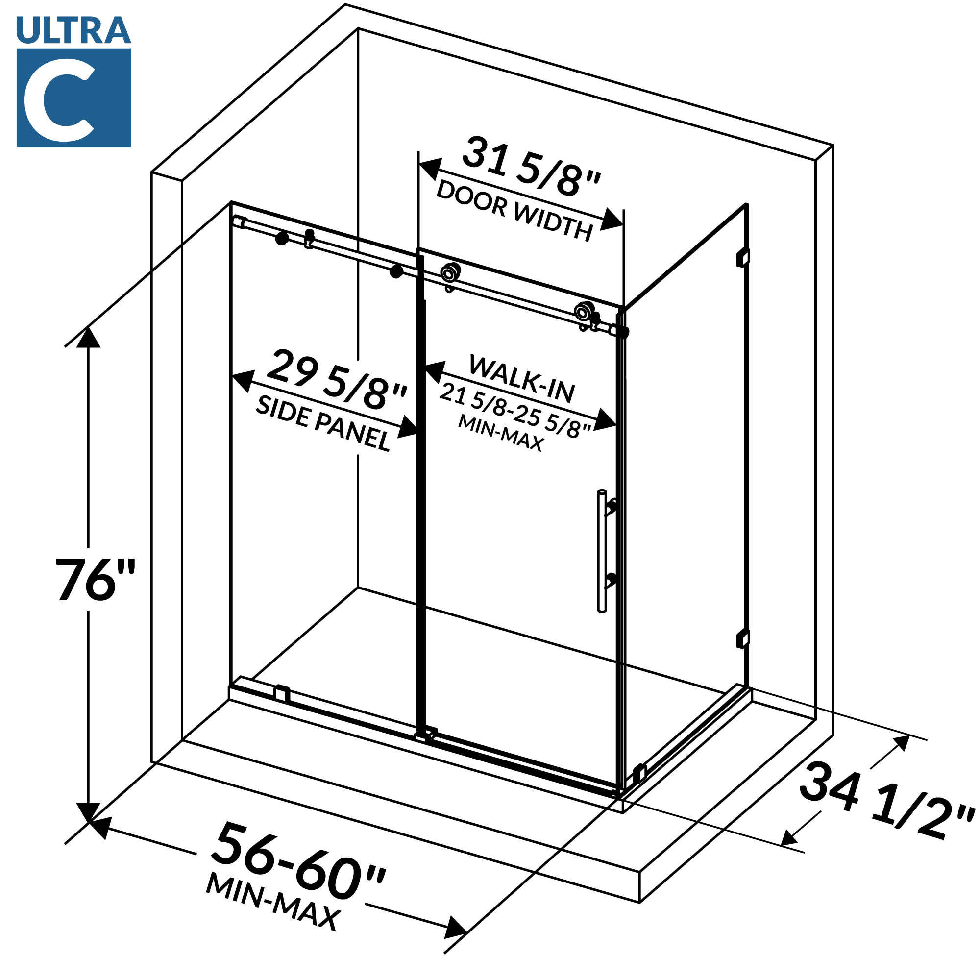 56-60 W x 76 H  x 34 1/2 D Sliding Frameless Shower Enclosure ULTRA-C with Clear Glass in Brushed Nickel - Image 4