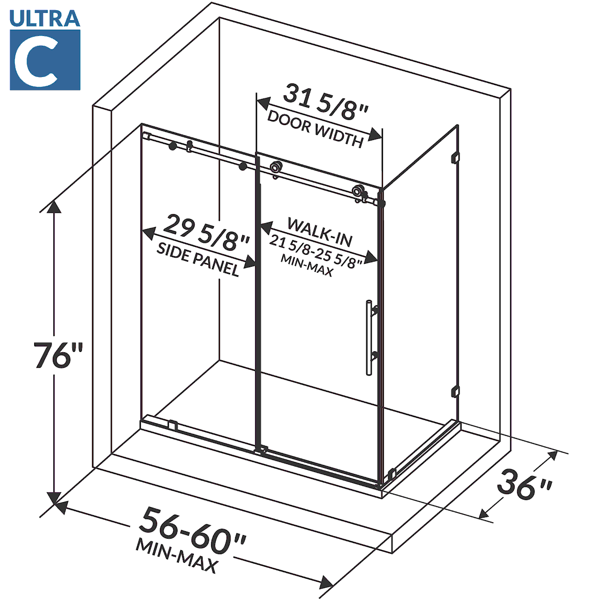 56-60 W x 76 H  x 36 D Sliding Frameless Shower Enclosure ULTRA-C with Clear Glass in Chrome - Image 5