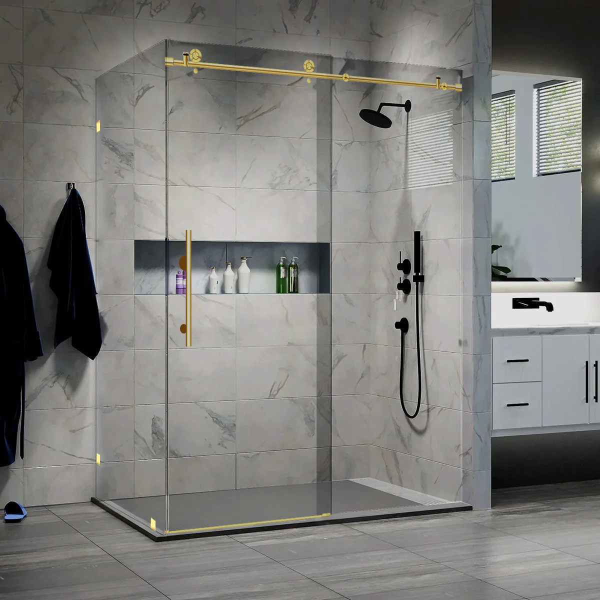 56-60 W x 76 H x 34 1/2 D Sliding Frameless Shower Enclosure ULTRA-C with Clear Glass in Gold - Image 2