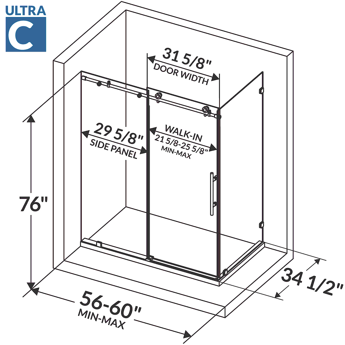 56-60 W x 76 H x 34 1/2 D Sliding Frameless Shower Enclosure ULTRA-C with Clear Glass in Gold - Image 7