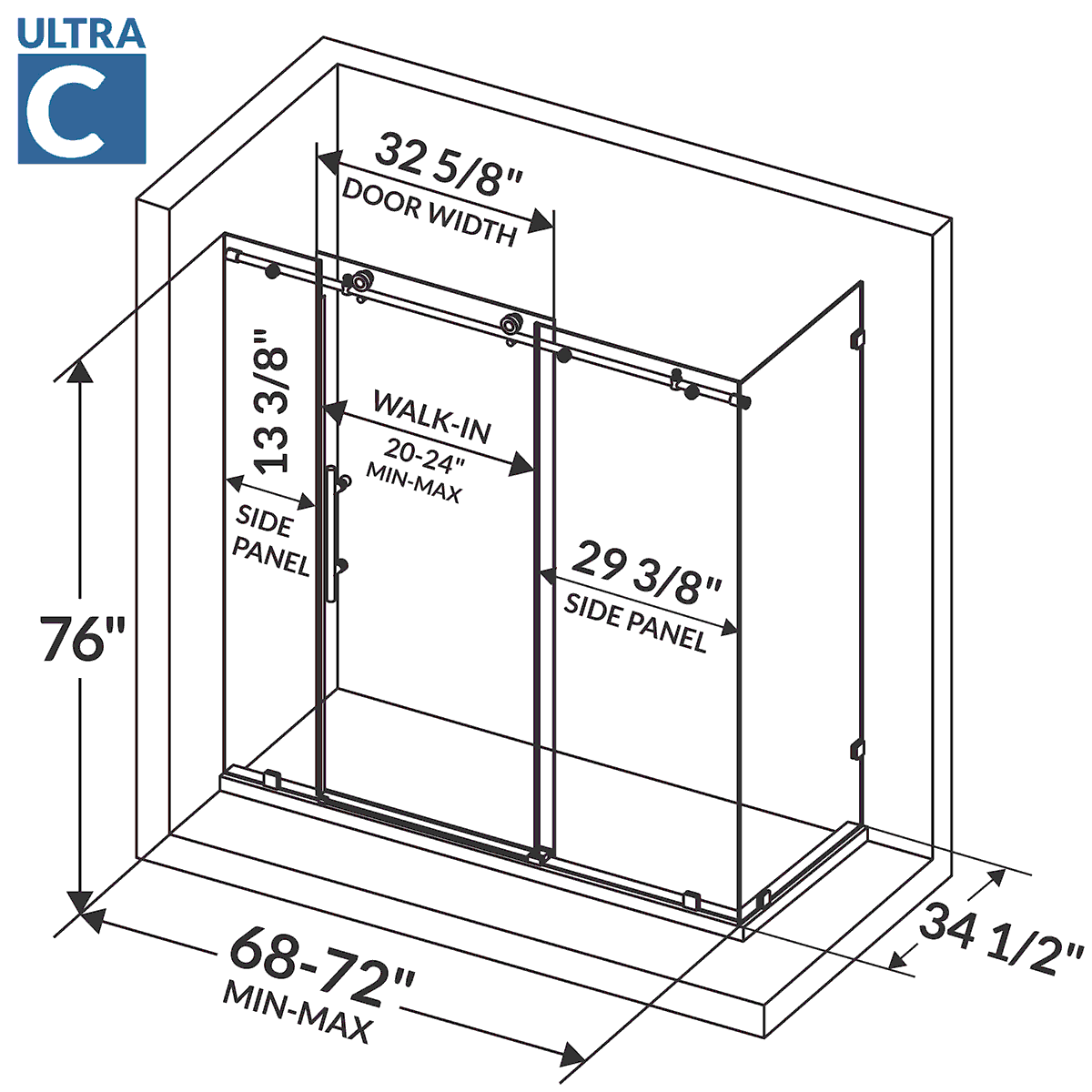 68-72 W x 76 H  x 34 1/2 D Sliding Frameless Shower Enclosure ULTRA-C with Clear Glass in Brushed Nickel - Image 4