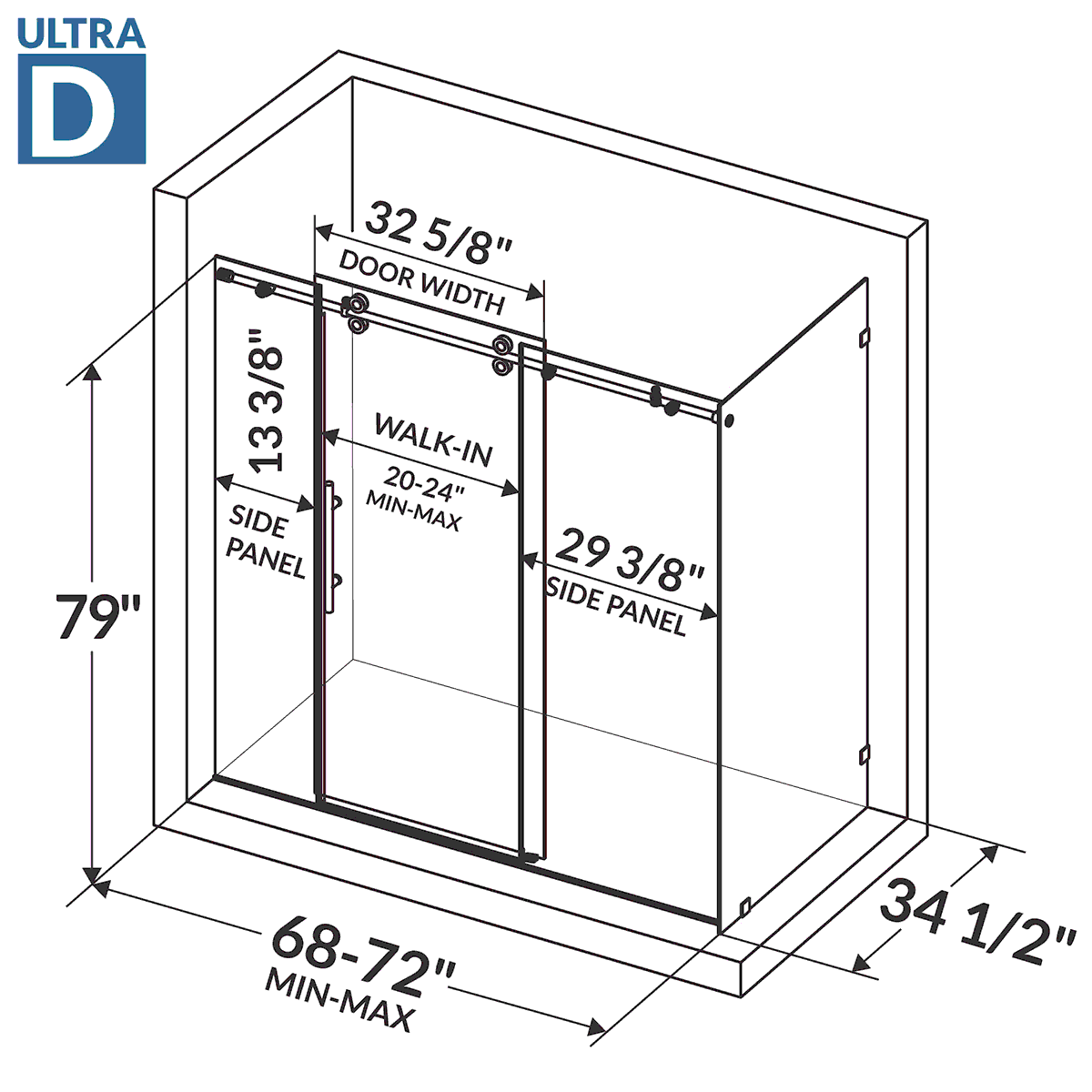 68-72 W x 79 H x 34 1/2 D Sliding Shower Enclosure ULTRA-D Brushed Nickel - Image 4