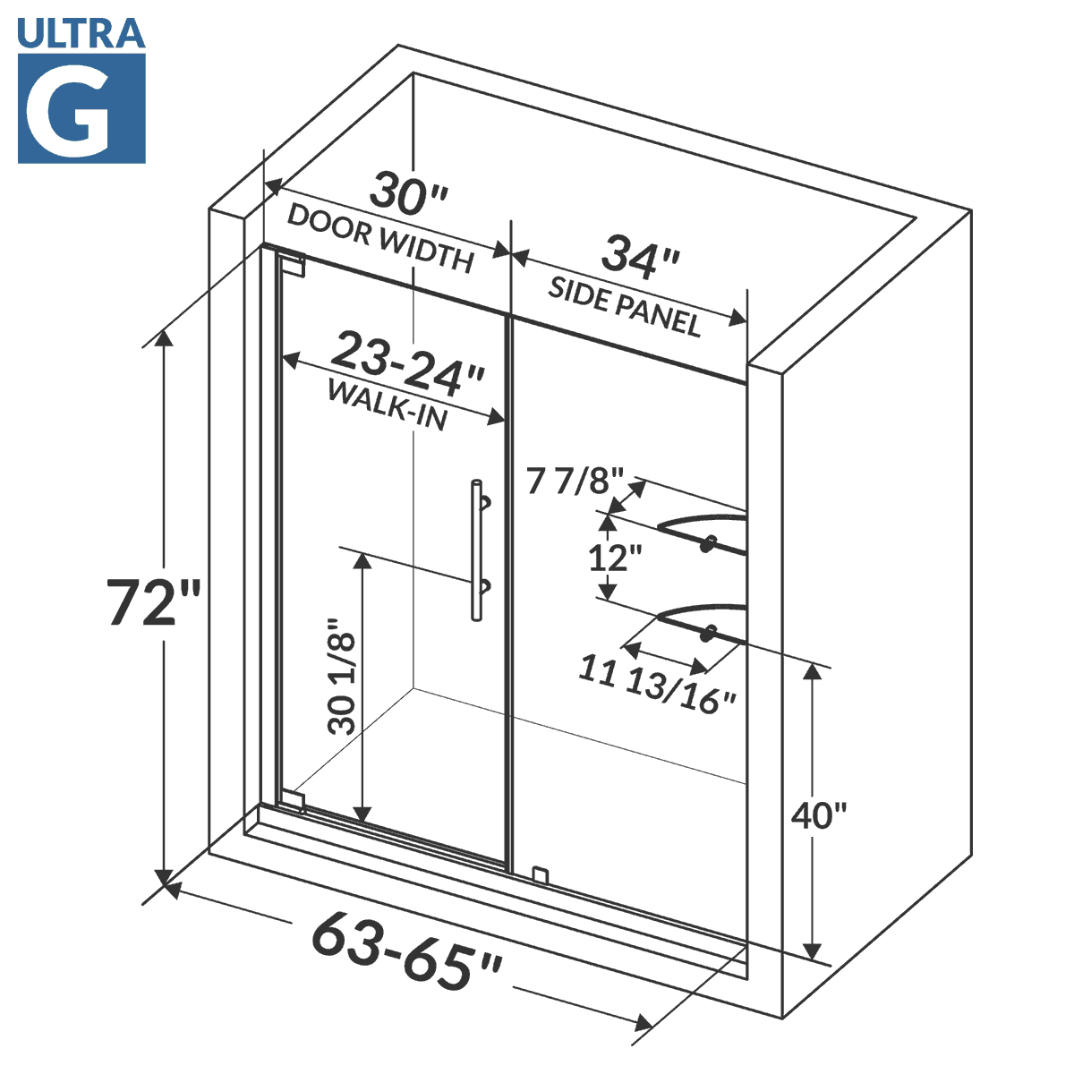 63-65 W x 72 H Swing-Out Shower Door ULTRA-G Brushed Nickel - Image 3