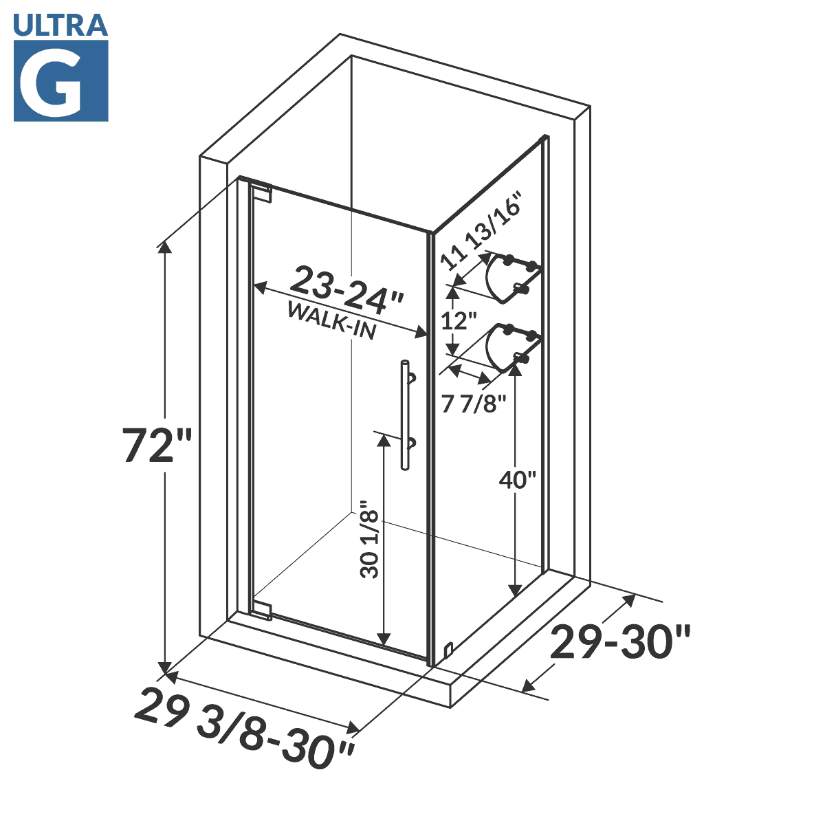 29 3/8-30 W x 72 H x 29-30 D Swing-Out Shower Enclosure ULTRA-G Chrome - Image 3