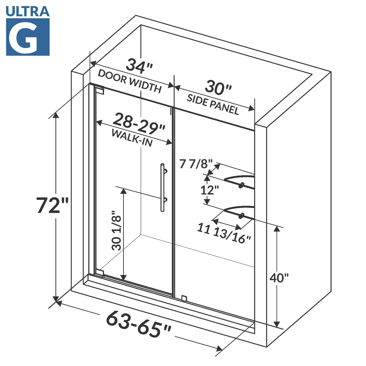 63-65 W x 72 H Swing-Out Shower Door ULTRA-G Brushed Nickel - Image 3