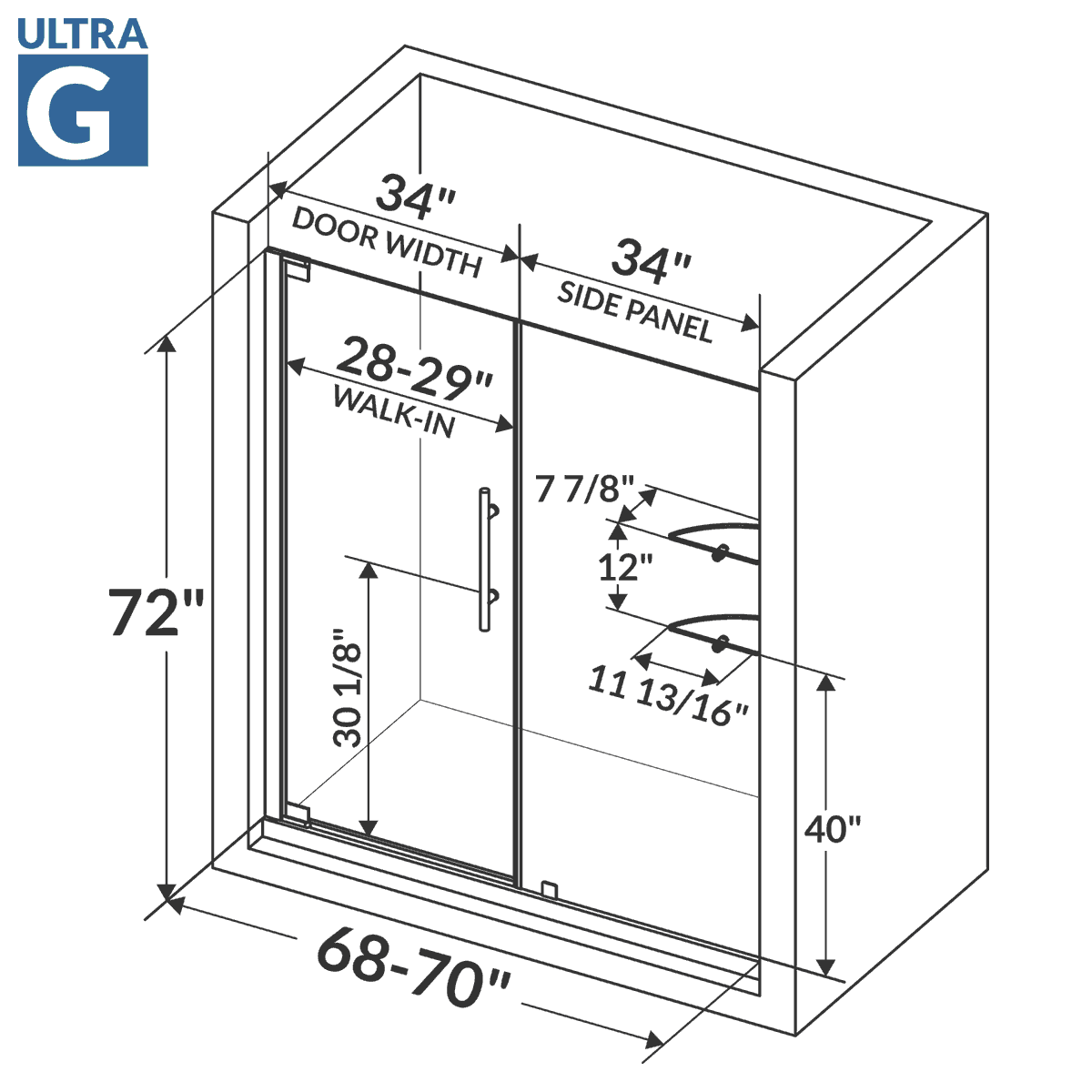 68-70 W x 72 H Swing-Out Shower Door ULTRA-G Chrome - Image 3