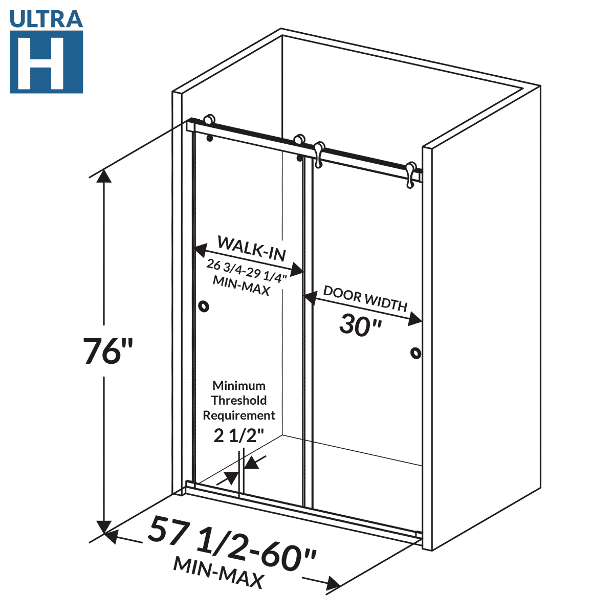 57 1/2-60 W x 76 H  Bypass Sliding Shower Door ULTRA-H Brushed Nickel - Image 5