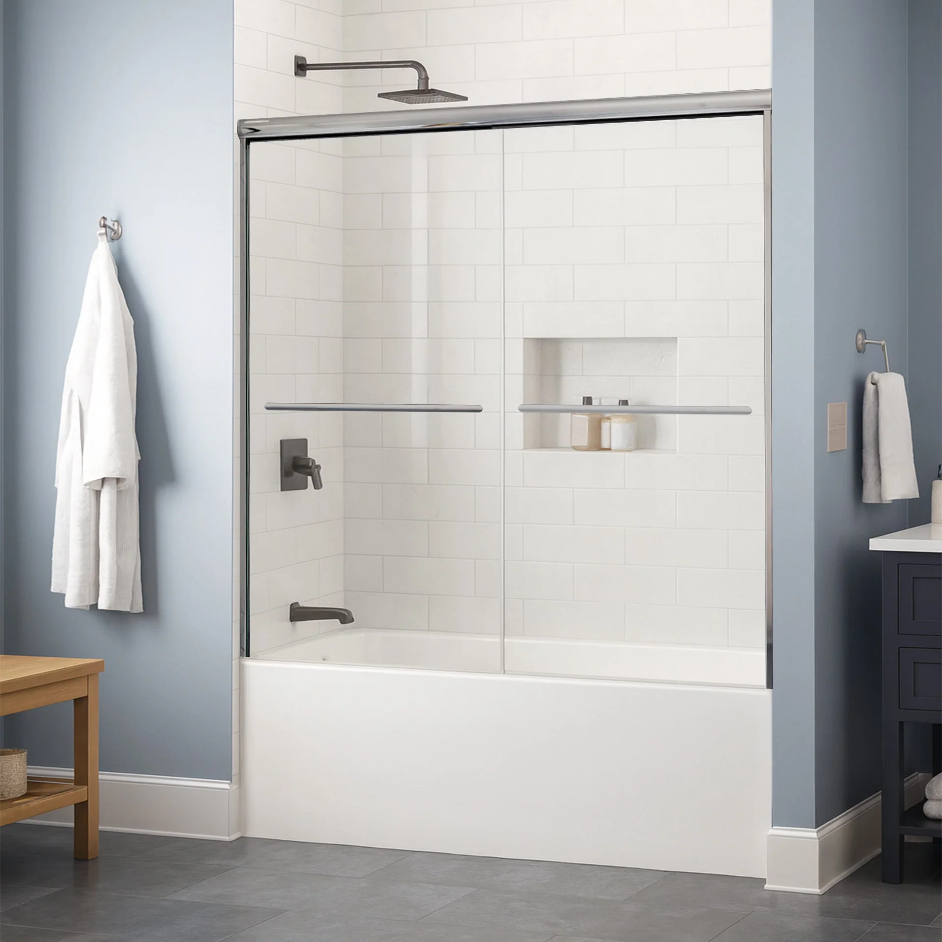 56-60 W x 62 H Sliding Bypass Framed Shower Door ULTRA-A with Glass in Brushed Nickel - Image 2