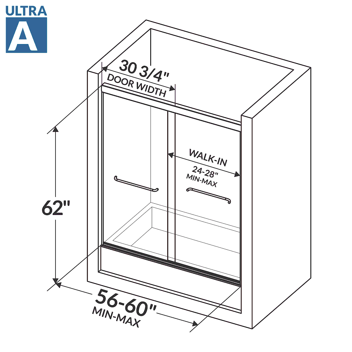 56-60 W x 62 H Sliding Bypass Framed Shower Door ULTRA-A with Glass in Brushed Nickel - Image 4