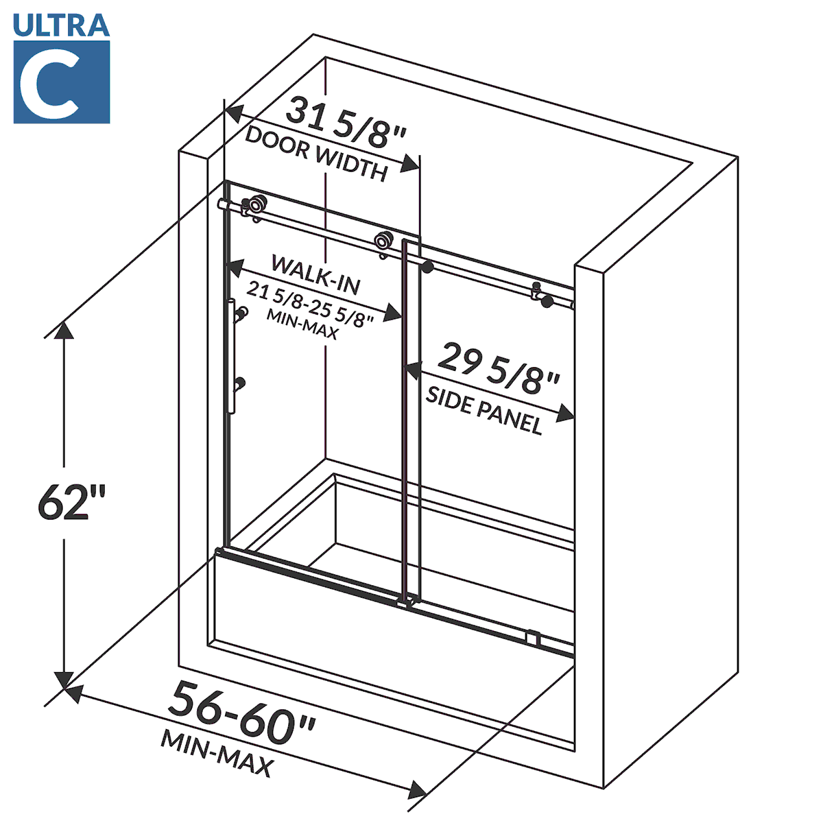 56-60 W x 62 H  Sliding Frameless Bathtub Door ULTRA-C with Clear Glass in Brushed Nickel - Image 3