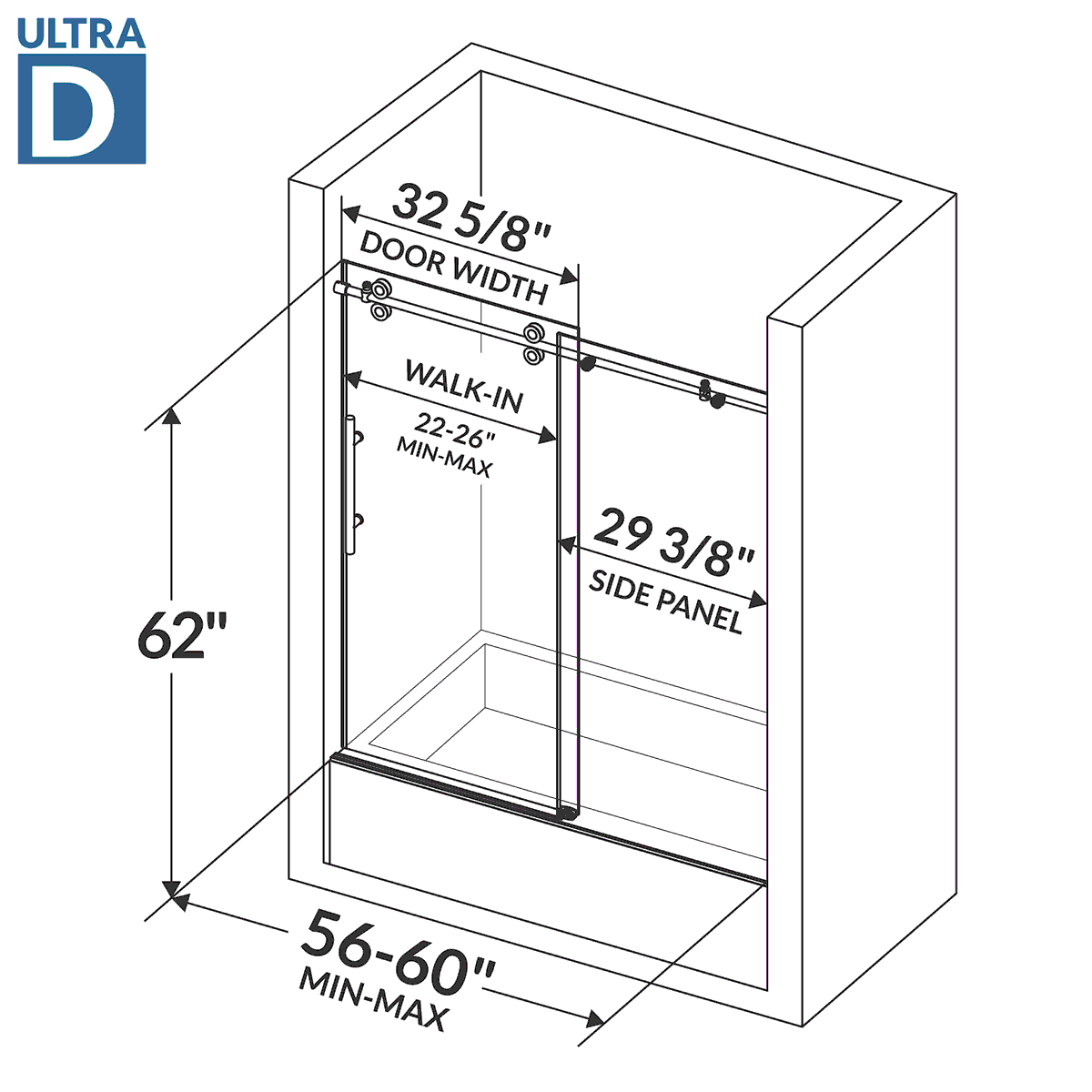 56-60 W x 62 H Sliding Bathtub Door ULTRA-D Brushed Nickel - Image 5