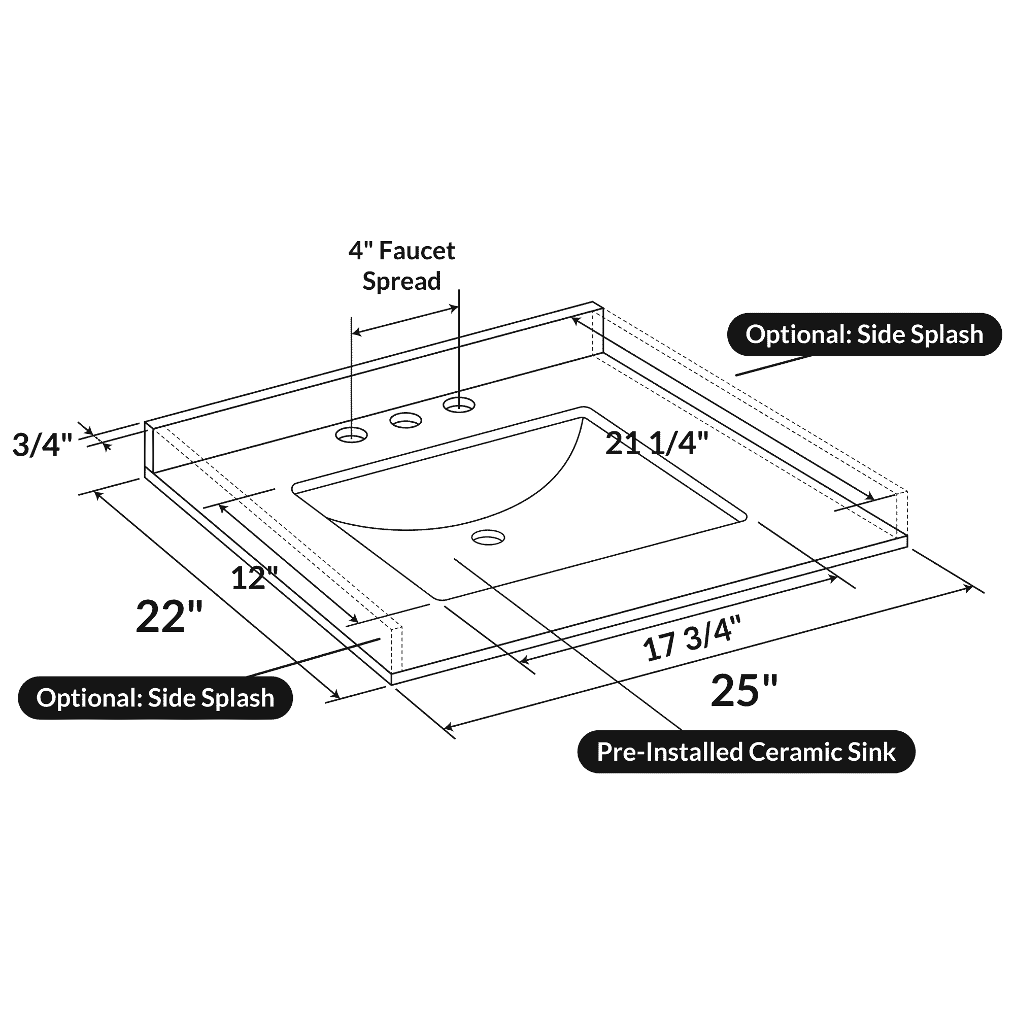 25 W x 22 L Calacatta White Vanity Top with Square Sink - 4 in Faucet Spread - Image 3