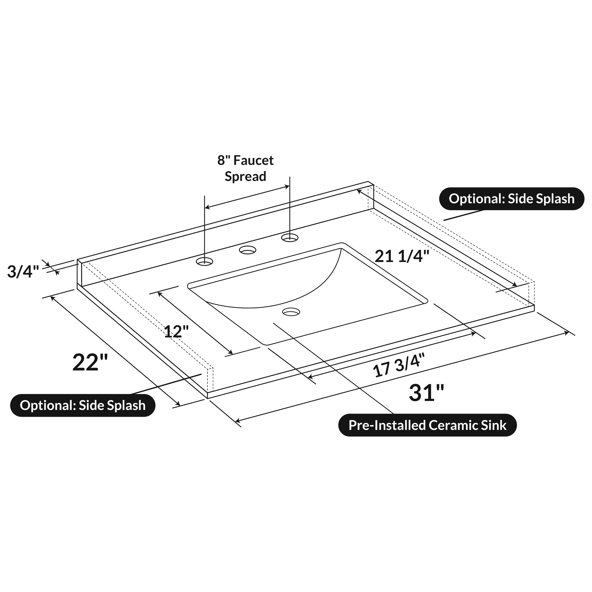 31 W x 22 L Calacatta White Vanity Top with Square Sink - 8 in Faucet Spread - Image 3