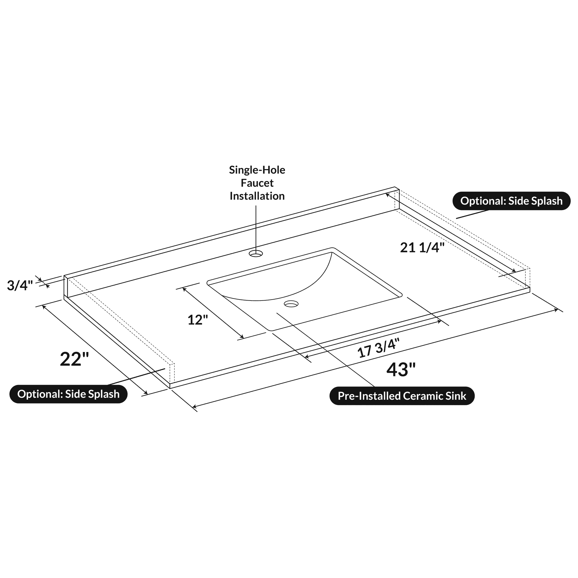 43 W x 22 L Calacatta White Vanity Top with Square Sink - Single Faucet - Image 3